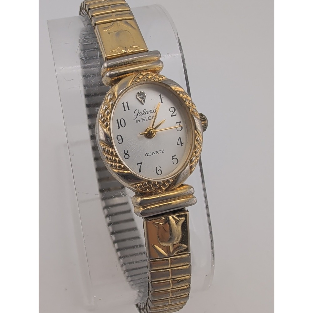 Galaxie By Elgin Women's Watch 18mm Case Gold Tulip Stretch Band- New Battery